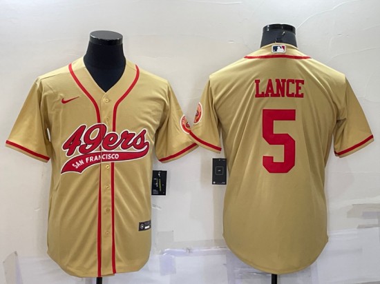 Men's San Francisco 49ers #5 Trey Lance Gold Cool Base Stitched Baseball Jersey
